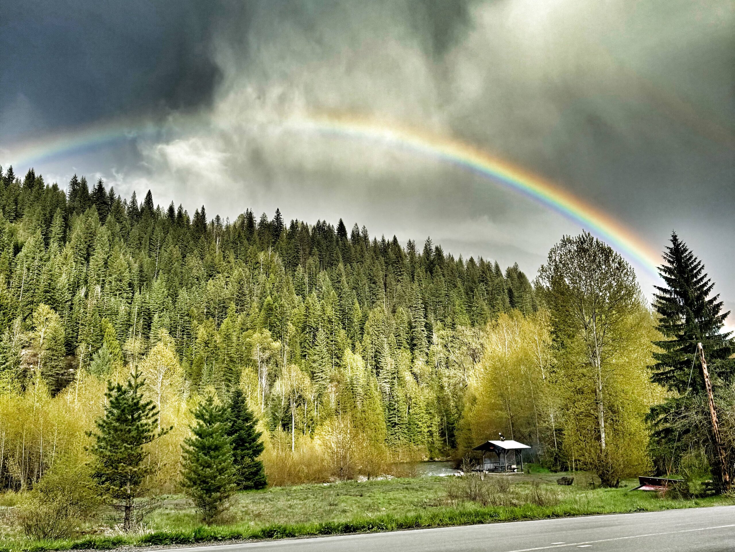 "Directly across from the studio, a stunning view unfolds: a vibrant rainbow arches gracefully over the Salmo River, set against a dramatic backdrop of lush green mountains and moody, stormy grey skies. It's a breathtaking sight that captures the wild beauty of nature!"